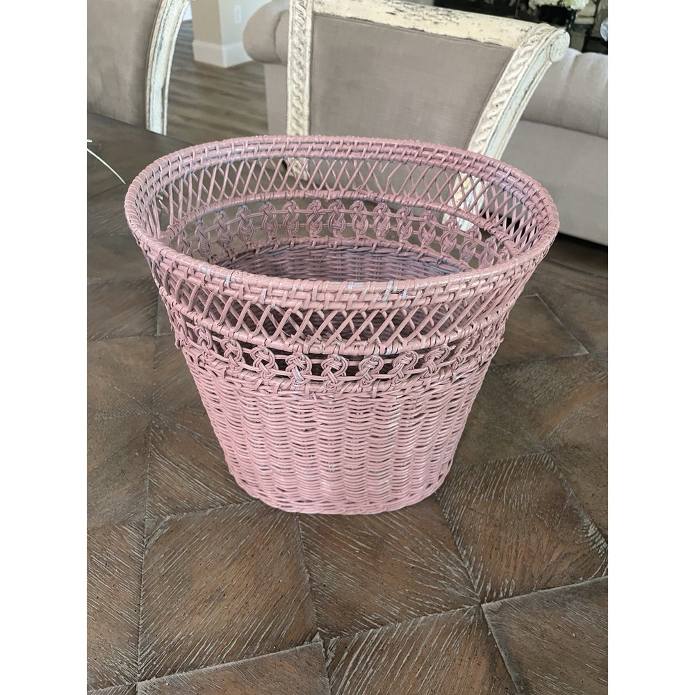 Vintage Pink Wicker Rattan Woven Waste Basket Trash Can Bin - Picture 2 of 11